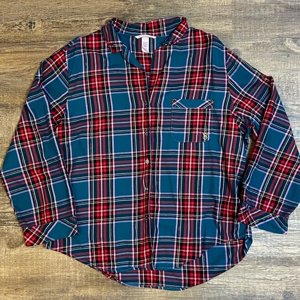 Victoria's Secret Plaid Pajama Top L Red Green Tartan Cozy Sleepwear Shirt Large